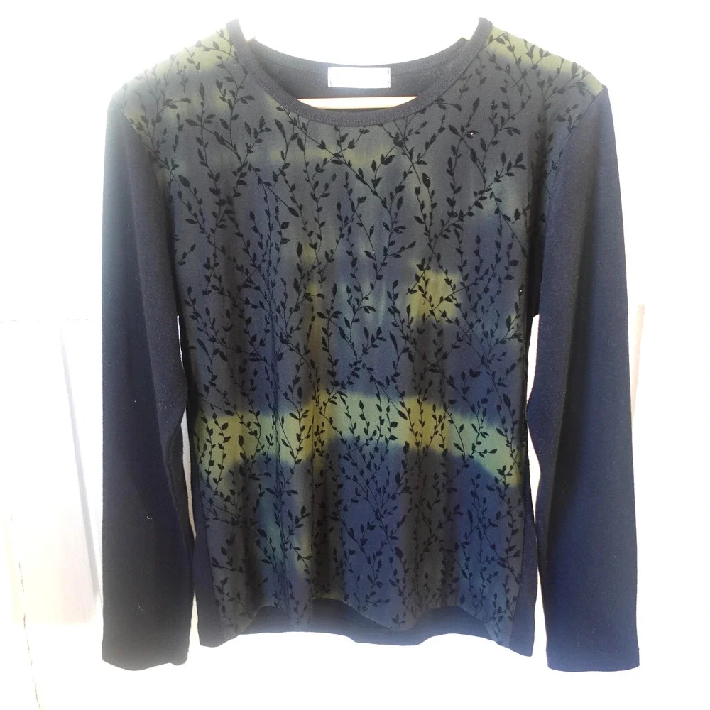 Vintage Y2K Sweater XL Black Wool Velvet Burnout‎ Floral Forest Fairy Whimsigoth